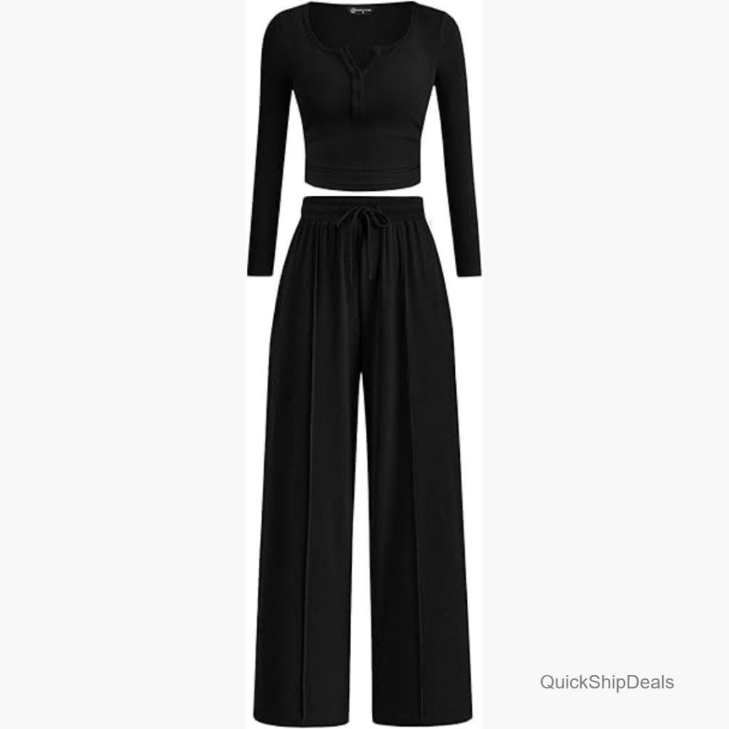 Ribbed Knit Lounge Set Long Sleeve Henley Top Wide Leg Pants
